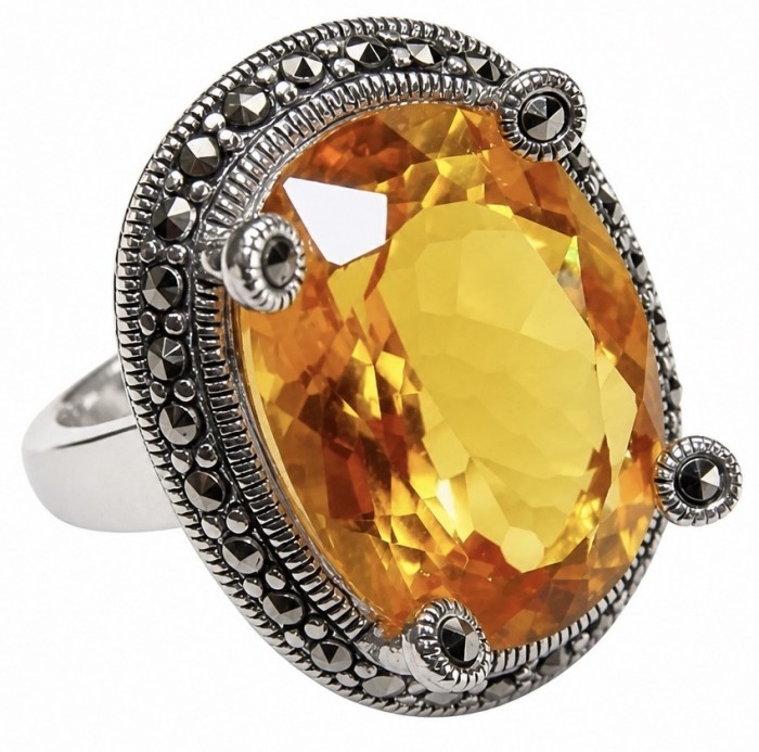 Authentic oval cut 31.2 carat Golden Topaz rhodium over .925 Sterling Silver ring s. 8