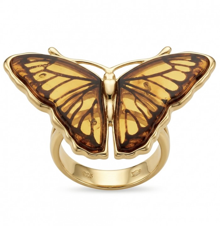 Butterfly Authentic Baltic Amber .925 Sterling Silver dipped in 18K Gold handcrafted ring; s. 7 adjustable