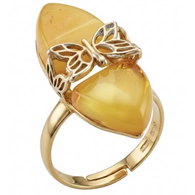 Vintage Style Authentic Golden Butterscotch Baltic Amber 18K Gold over .925 Sterling Silver entirely handcrafted ring; s. 8