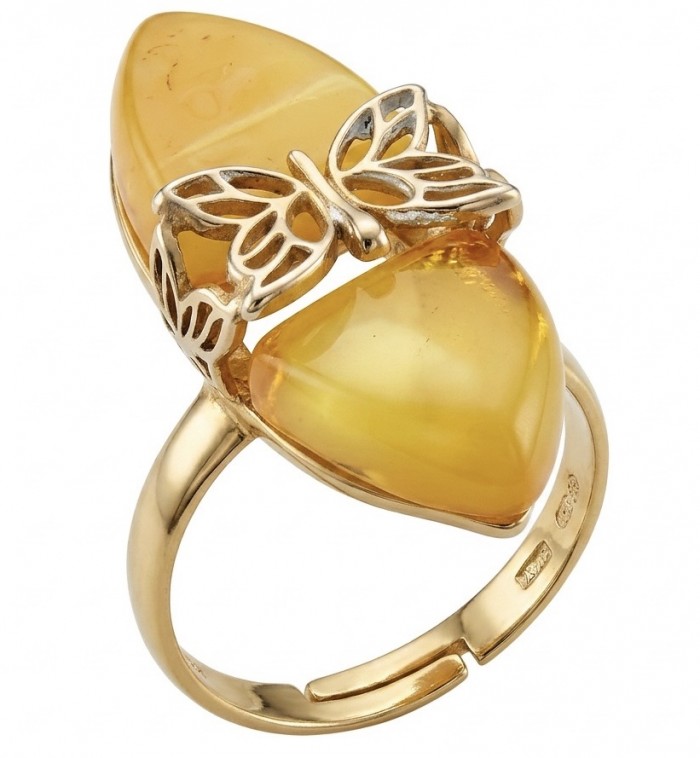 Vintage Style Authentic Golden Butterscotch Baltic Amber 18K Gold over .925 Sterling Silver entirely handcrafted ring; s. 8