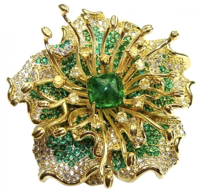 Nature-inspired piece - Amazonia - Green Rose - Genuine 42.5 carat Emerald 14K Gold over .925 Sterling Silver handmade Pendant - Brooch - video