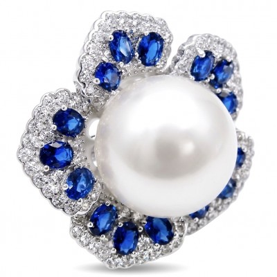Luxurious Flower Large white Pearl 4.2 carat Sapphire Rhodium over .925 Sterling Silver brilliantly handcrafted ring s. 6 1/4