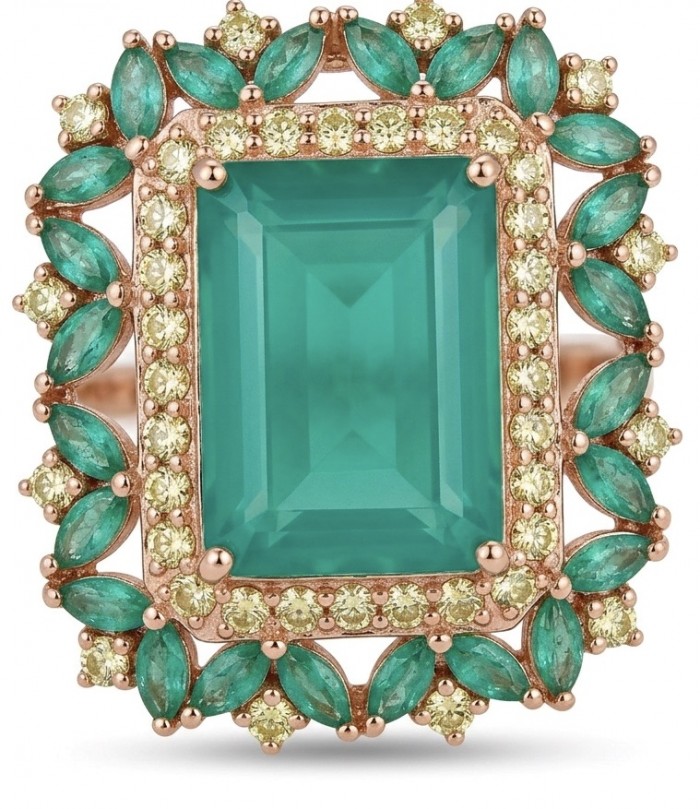 Elizabeth baquette cut 24.8 carat Colombian Emerald 22K Rose Gold over .925 Sterling Silver handcrafted Ring size 7 1/2