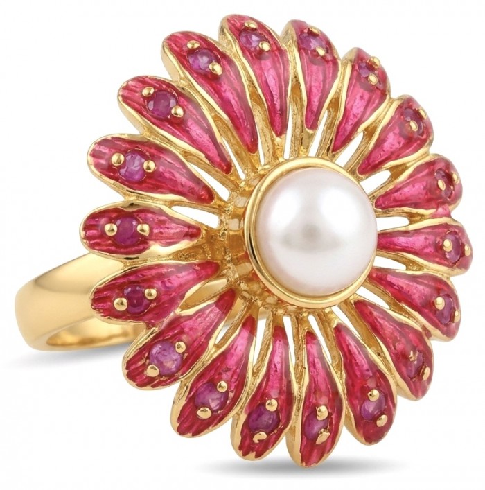 Red Flower Fresh water Pearl Enamel 18K Gold over.925 Sterling Silver Ring s. 6