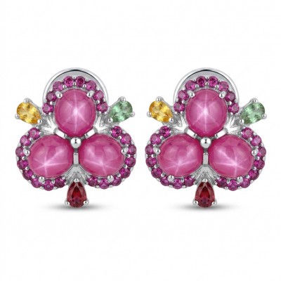 Exotic Flowers - 10.8 carat Mozambique Ruby .925 Sterling Silver dipped in rhodium handmade Statement Earrings