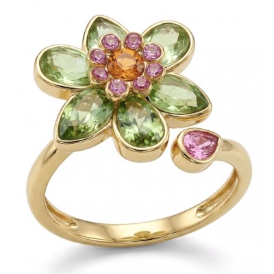 Summer flower 6.5 carat genuine Green Topaz 14K Gold over .925 Sterling Silver handmade Statement Ring size 8