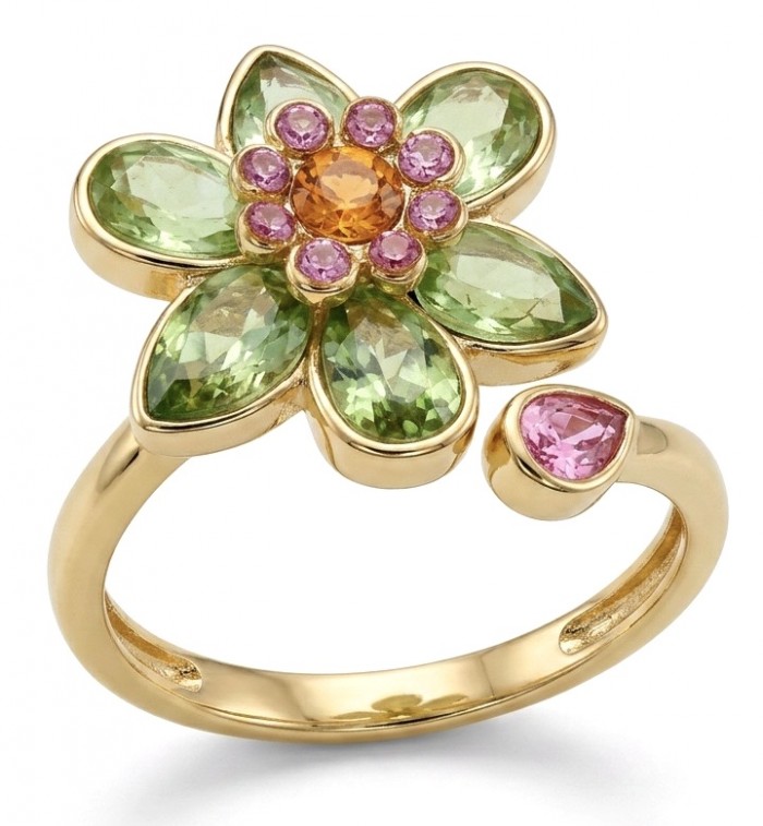 Summer flower 6.5 carat genuine Green Topaz 14K Gold over .925 Sterling Silver handmade Statement Ring size 8