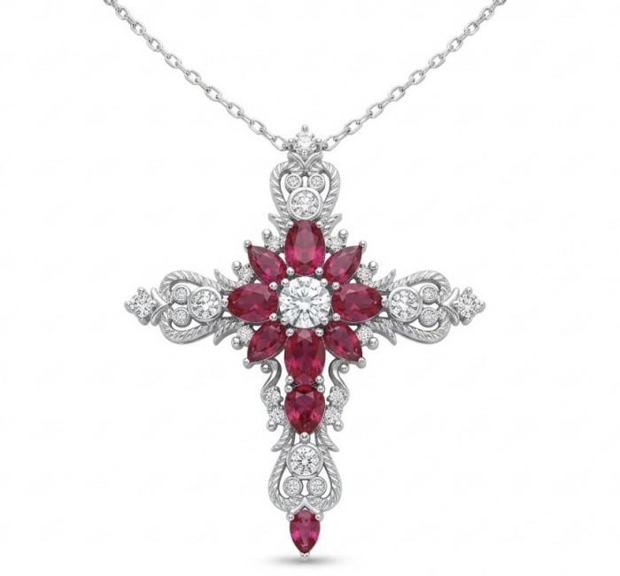 Precious Cross Genuine 14.2 carat Garnet rhodium over .925 Sterling Silver handmade necklace