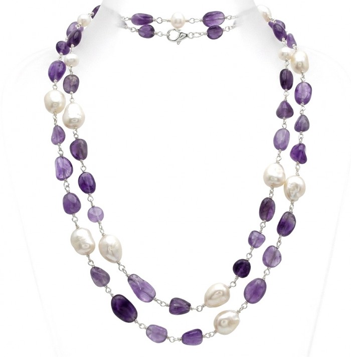 Giovanna - Top quality Natural Amethyst Mother of Pearl .925 Sterling Silver handcrafted 34 inches necklace