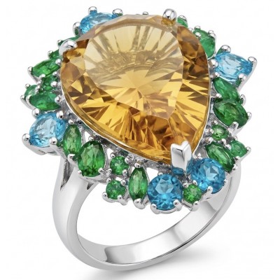 Emily 24.2 carat Brazilian Citrine EMERALD .925 Sterling Silver dipped in rhodium handcrafted ring; s. 8 1/4