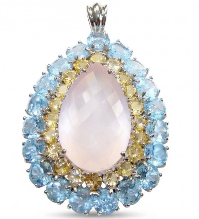 Scarlett 55.8 carat Brazilian Rose Quartz rhodium over .925 Sterling Silver handcrafted Statement Pendant