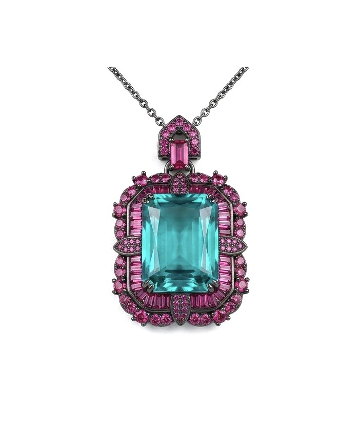 ART DECO Authentic 27.7 carat Aquamarine Ruby Black rhodium over .925 Sterling Silver handmade necklace
