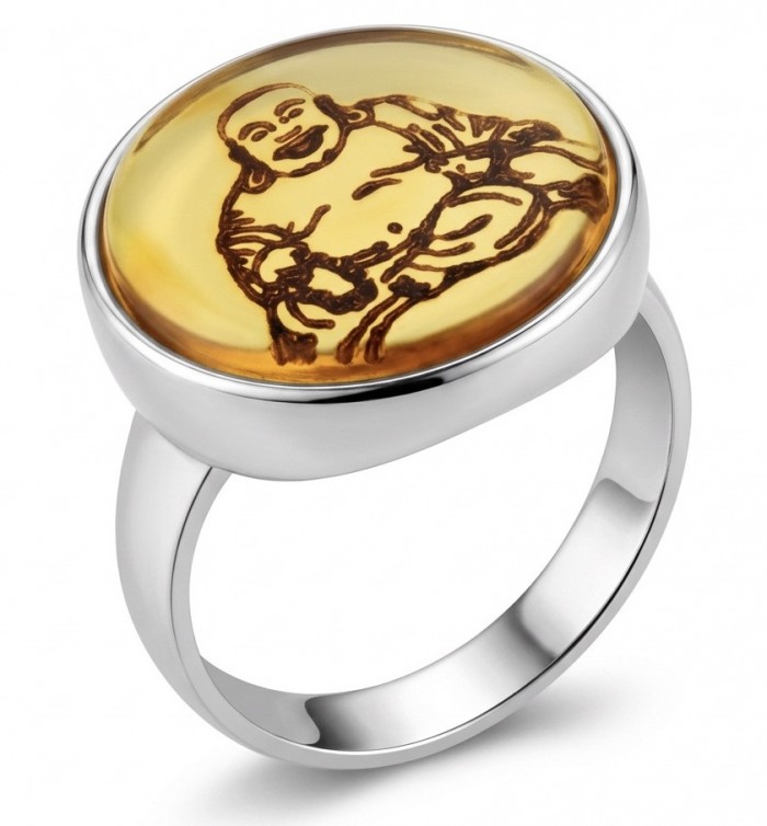 Buddha Authentic carved Baltic Amber .925 Sterling Silver handcrafted ring; s. 7 adjustable