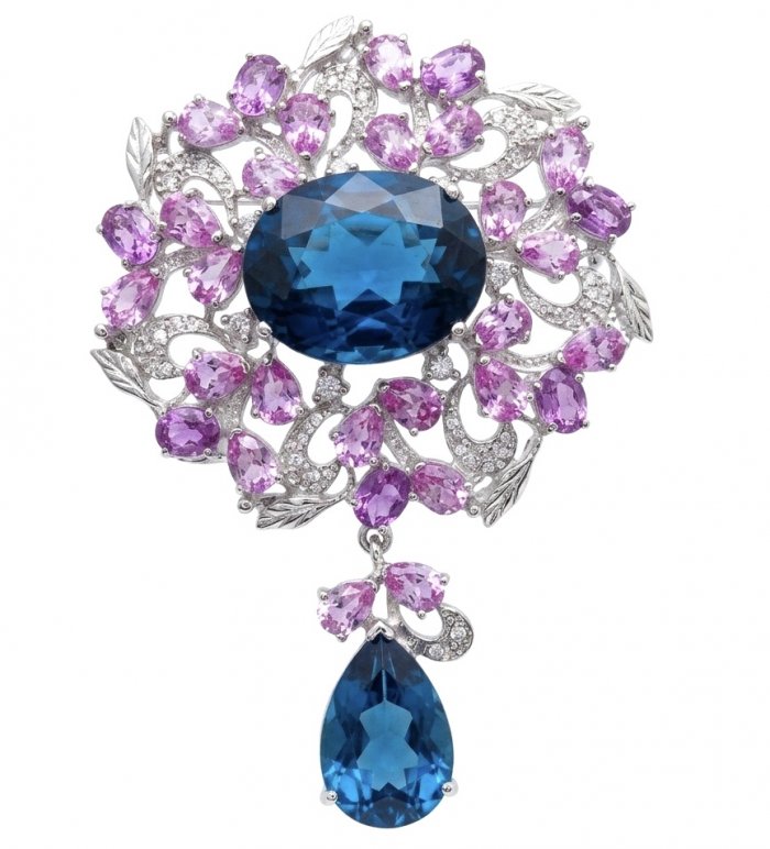 An exuberantly Large 141.8 carats Vintage style London Blue Topaz .925 Sterling Silver DIPPED IN RHODIUM handmade LARGE Pendant - Brooch - video