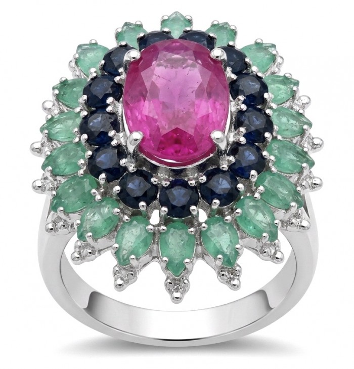 Giovanna 19.2 carat Ruby Emerald Sapphire .925 Sterling Silver dipped rhodium handmade Statement Ring size 6 3/4