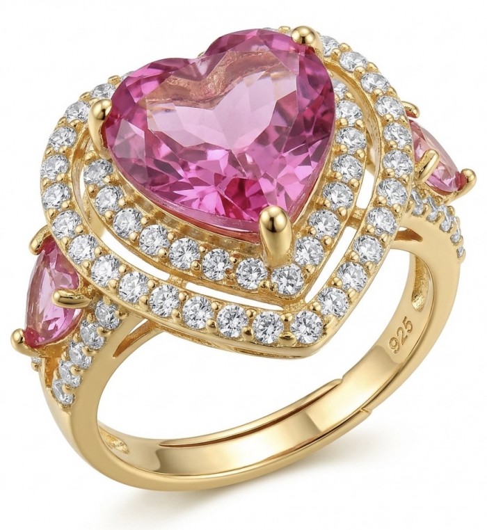 Angel's Heart 6.9 carat natural Pink Sapphire 22K Gold over .925 Sterling Silver Huge handcrafted Ring s. 7 adjustable