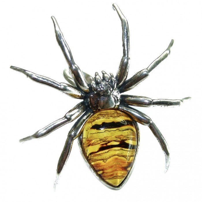 LARGE Golden Spider Authentic Baltic Amber .925 Sterling Silver handcrafted ring; s. 7 adjustable