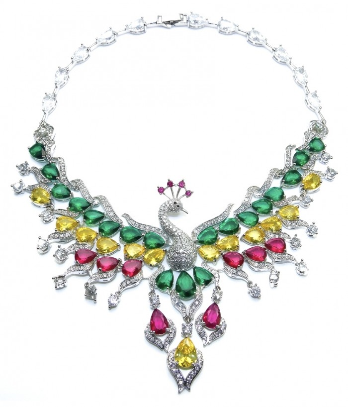 55.2 carat Graceful Swan Natural multicolot Topaz .925 Sterling Silver handcrafted Statement necklace