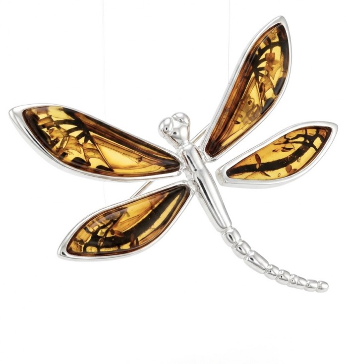 Dragonfly Natural CARVED Baltic Amber .925 Sterling Silver handmade Pendant