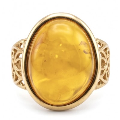 Vintage Style Authentic Golden Butterscotch Baltic Amber 18K Gold over .925 Sterling Silver entirely handcrafted ring; s. 8