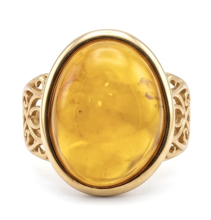 Vintage Style Authentic Golden Butterscotch Baltic Amber 18K Gold over .925 Sterling Silver entirely handcrafted ring; s. 8