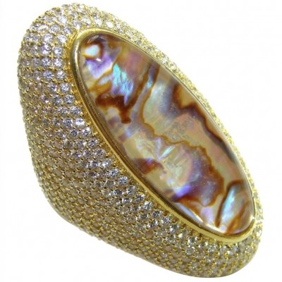 Large Genuine Rainbow Abalone lab. grown Diamond 18K Gold over .925 Sterling Silver handcrafted Large ring; s. 7