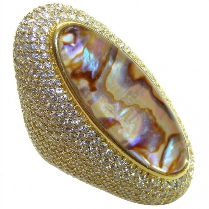 Large Genuine Rainbow Abalone lab. grown Diamond 18K Gold over .925 Sterling Silver handcrafted Large ring; s. 7