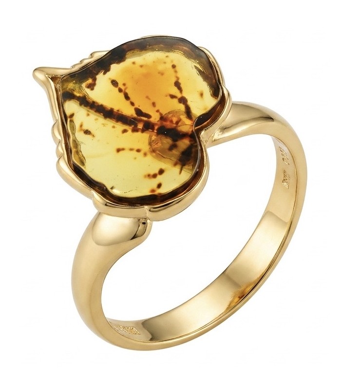 Golden Leaf Authentic Golden carved Baltic Amber .925 Sterling Silver entirely handcrafted ring; s. 8 adjustable