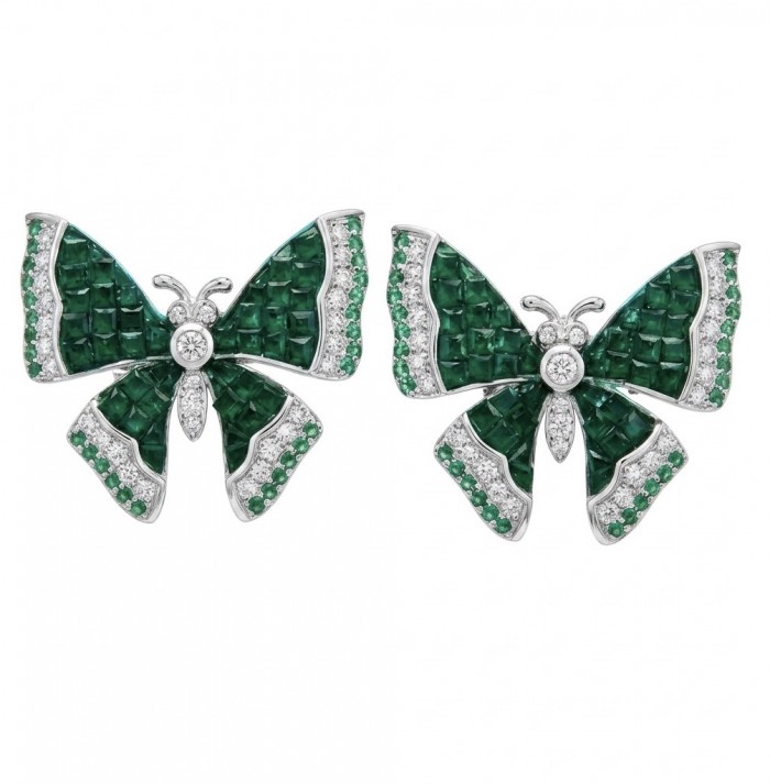 Incredible green Butterflies genuine mysery setting 11.5 CARAT Emerald .925 Sterling Silver handcrafted Earrings