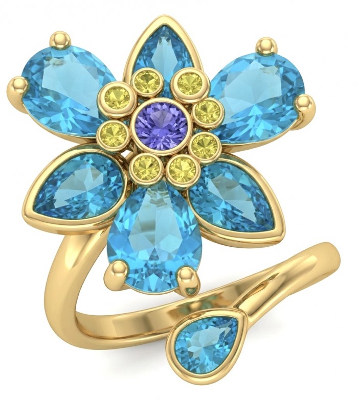 Spinning flower 6.5 carat genuine Blue Topaz 14K Gold over .925 Sterling Silver handmade Statement Ring size 7