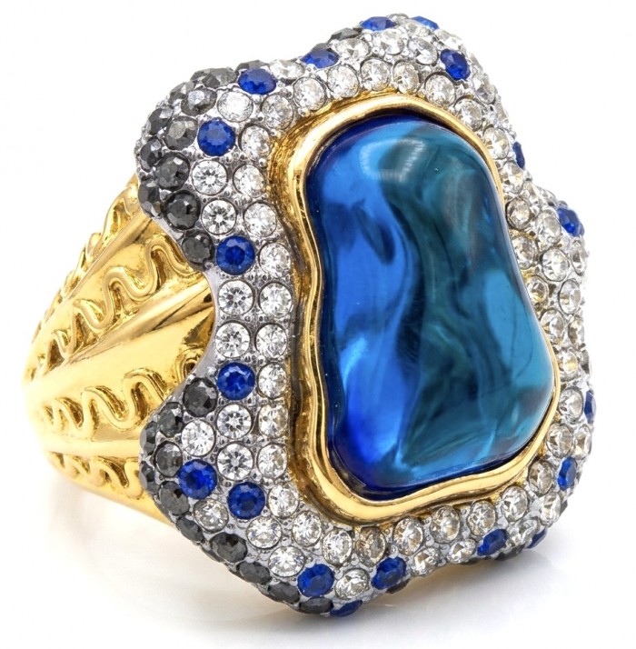 Blue Rhapsody - 18.5 carat natural Swiss Blue Topaz .925 Sterling Silver dipped in 22K Gold handcrafted Large Statement Ring size 7 1/2