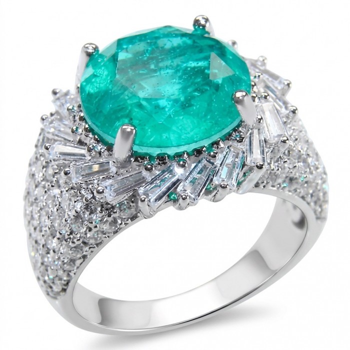 Elizabeth round cut 6.2 carat Colombian Emerald .925 Sterling Silver dipped in Rhodium handcrafted Ring size 6 1/4