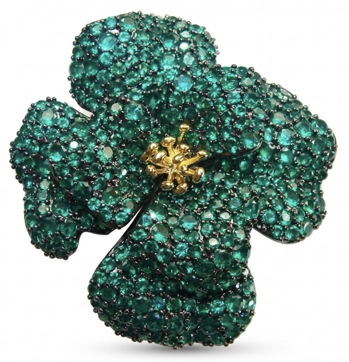 Retro Style - Precious Rose Genuine 22.5 carat Colombian Emerald black rhodium over .925 Sterling Silver handmade Pendant - Brooch - video