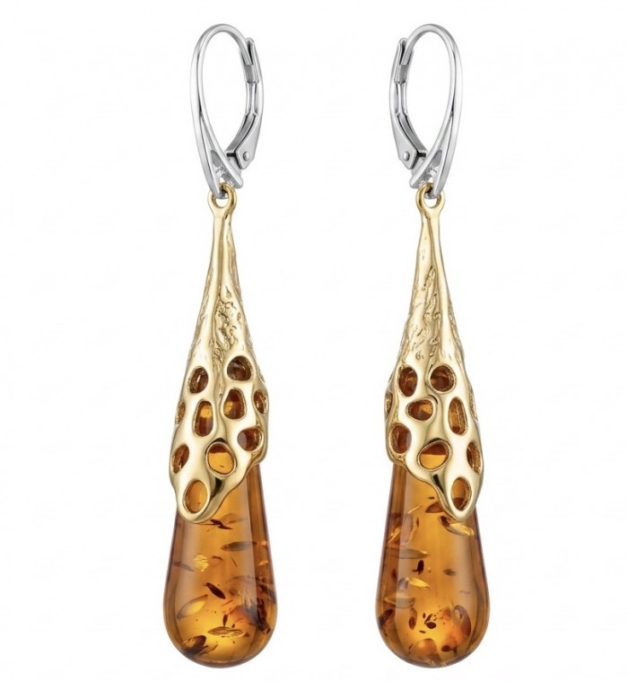 Very Special product - Wonderful natural Baltic Amber 2 tones .925 Sterling Silver entirely handcrafted earrings