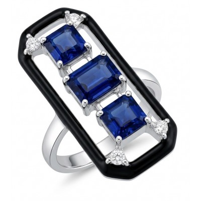 Art Deco 6.2 carat Sapphire black enamel .925 Sterling Silver handcrafted Ring size 6 1/4