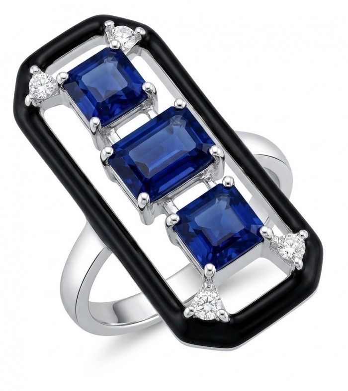 Art Deco 6.2 carat Sapphire black enamel .925 Sterling Silver handcrafted Ring size 6 1/4