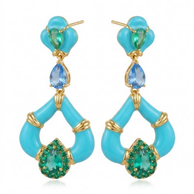 Art Deco 4.8 carat Aquamarine Turquoise enamel 14K Gold over .925 Sterling Silver Handcrafted Statement earrings