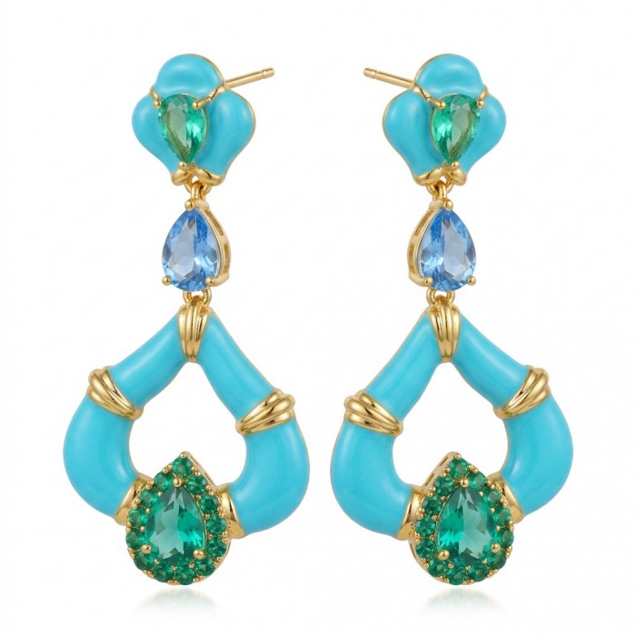Art Deco 4.8 carat Aquamarine Turquoise enamel 14K Gold over .925 Sterling Silver Handcrafted Statement earrings