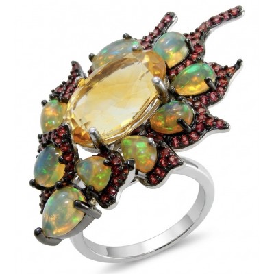 Giovanna 9.2 carat Brazilian Citrine 5.2 carat Australian Fire Opal .925 Sterling Silver dipped in rhodium handcrafted ring; s. 7 1/4