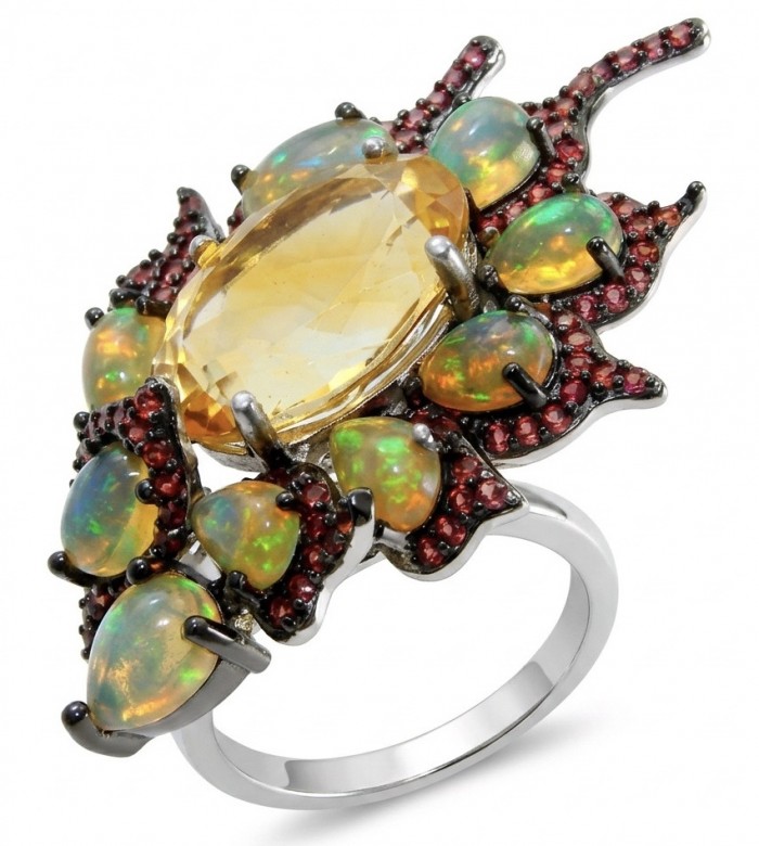Giovanna 9.2 carat Brazilian Citrine 5.2 carat Australian Fire Opal .925 Sterling Silver dipped in rhodium handcrafted ring; s. 7 1/4