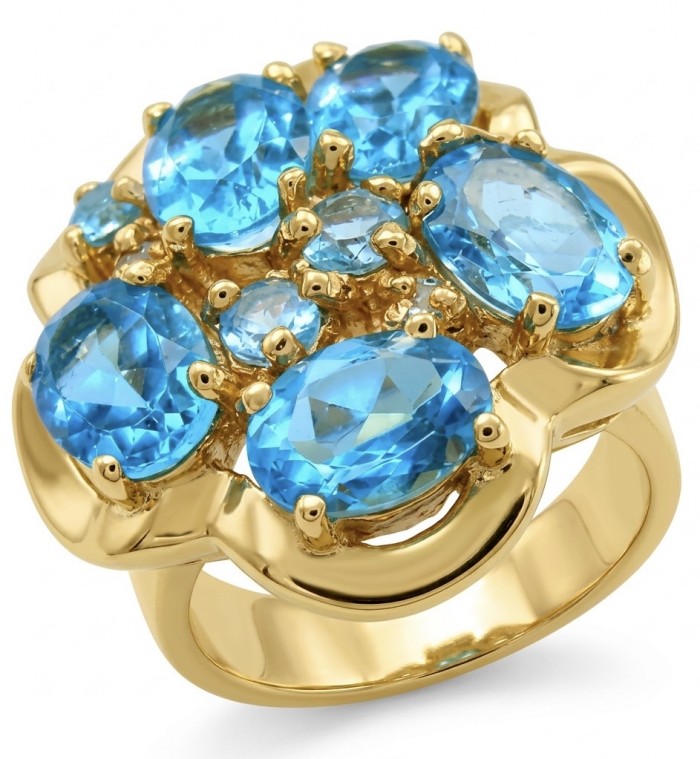 ENCHANTED GARDEN 14.3 carat Swiss Blue Topaz .925 Sterling Silver dipped in 22K Gold handcrafted ring size 6 3/4