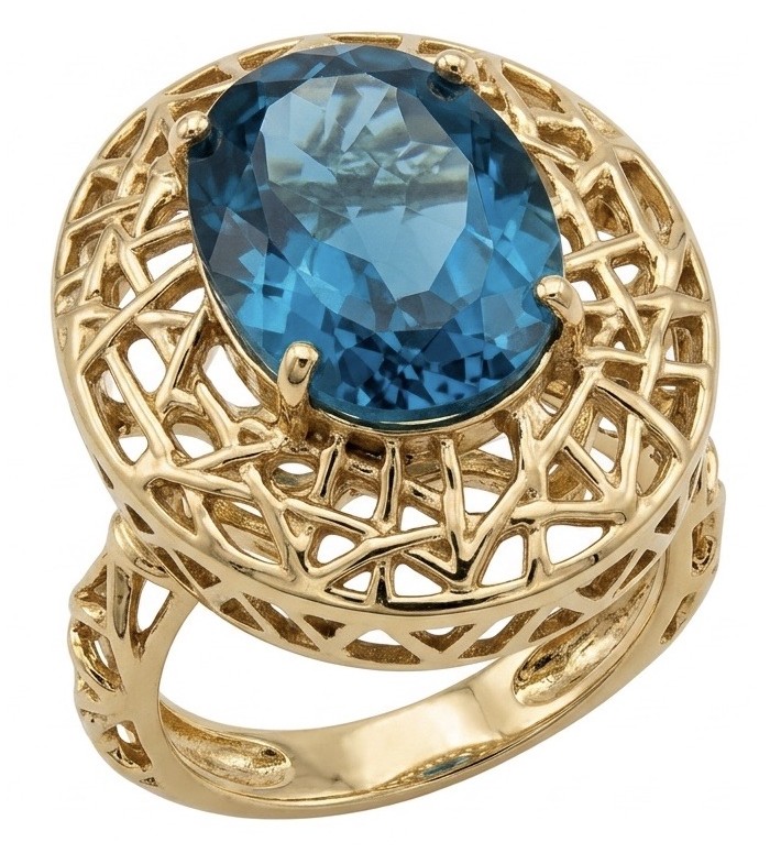 Blue Treasure genuine 10.5 carat London Blue Topaz 14K Gold over .925 Sterling Silver handmade Statement Ring size 6
