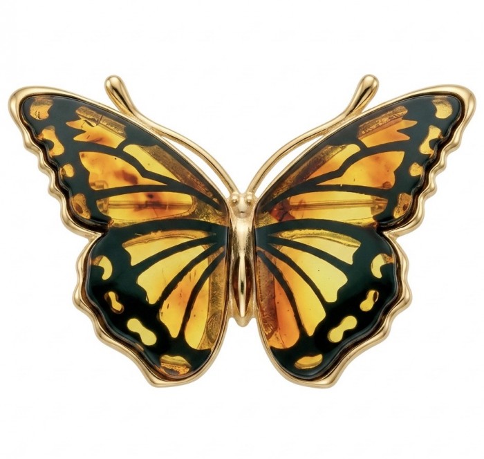 Golden Butterfly Authentic carved Baltic Amber 18K Gold over .925 Sterling Silver handcrafted pendant