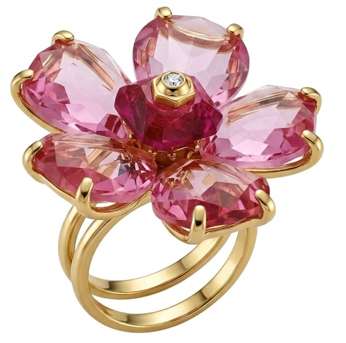 Cherry Blossom 27.5 carat Pink Amethyst 14K Gold over .925 Silver handcrafted Cocktail Ring s. 7