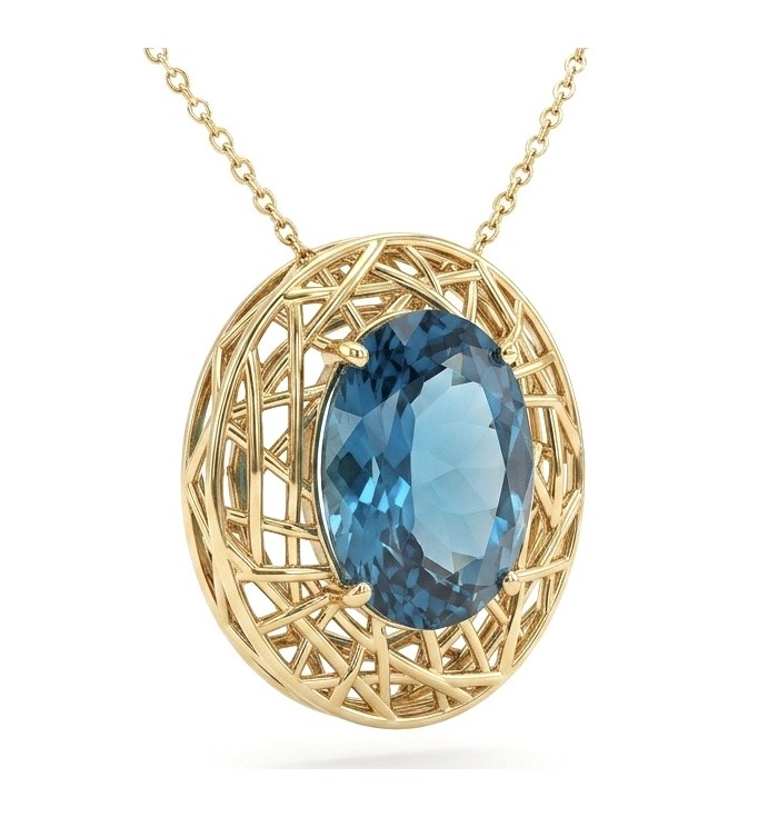 Blue Island - 8.2 carat London Blue Topaz 18K Gold over .925 Sterling Silver handmade Pendant