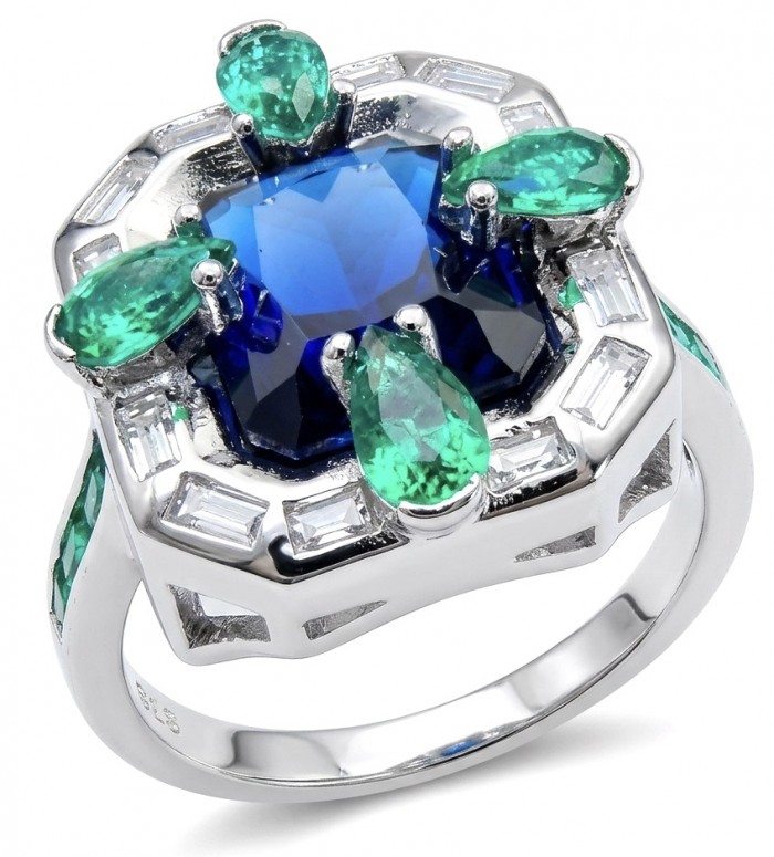 Art Deco 8.6 ctw Sapphire Emerald .925 Sterling Silver handcrafted Statement Ring size 8