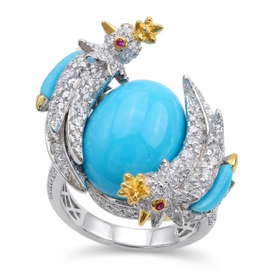 Birds on a Rock 0.7 carat Lab Grown Diamond genuine Sleeping Beauty Turquoise Ring in .925 Sterling Silver partially plated with 22K Gold size 7