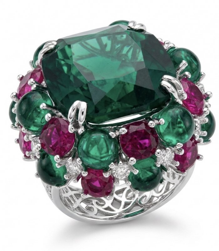 Natural 41.5 carat carved Emerald Ruby Sapphire rhodium over .925 Sterling Silver handcrafted ring size 7 1/4 - video