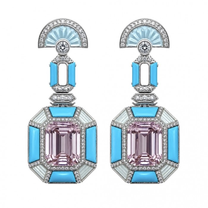 Emily - Art Deco - Precious genuine 12.2 carat Kunzite inlay Turquoise .925 Sterling Silver handcrafted earrings