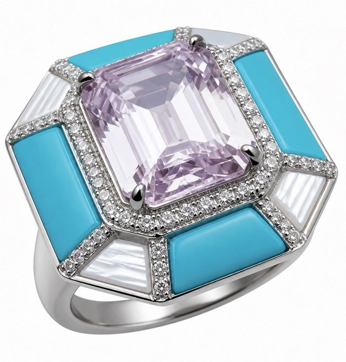 Emily - Art Deco -Precious genuine 10.2 carat Kunzite inlay Turquoise .925 Sterling Silver handcrafte Cocktail Ring s. 6 1/4